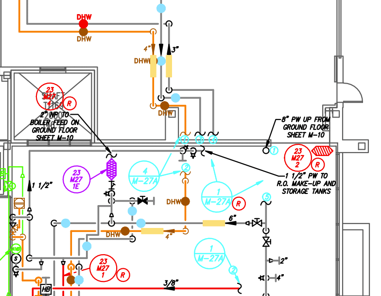 Close up of CAD down piping - Sustainability through Reliable Piping Schematics in Hospitals and Large Facilities - HydroCorp