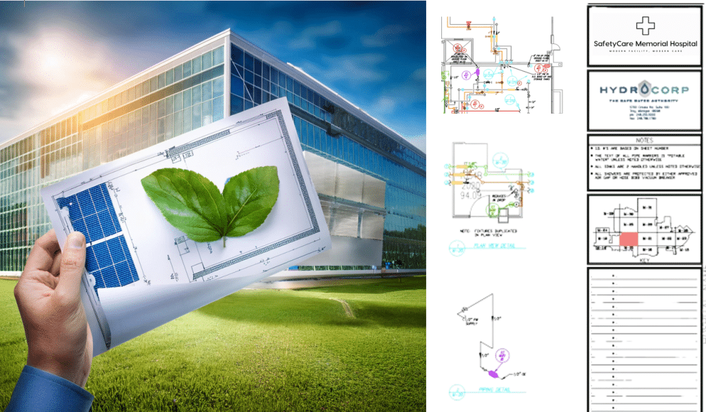 Sustainability image with HC CAD - Hand-Hospital Image from Adobe Firefly AI - Sustainability through Reliable Piping Schematics in Hospitals and Large Facilities - HydroCorp